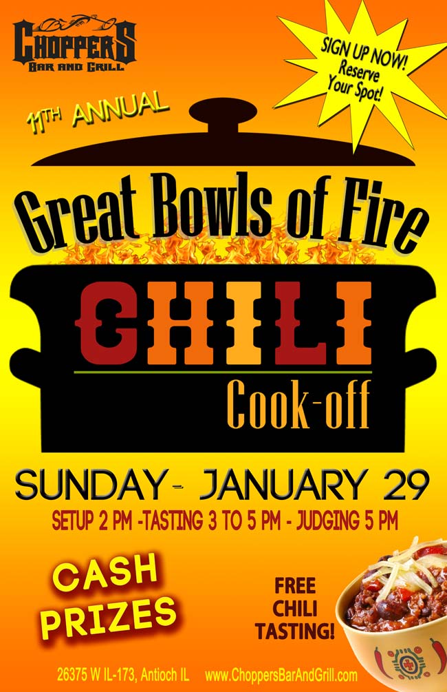 Great Bowls of Fire! Come out to the 11th Annual Chili Cook-Off, Sunday, January 29th - Cash Prizes, 2pm setup, 3-5pm Tasting, 5pm Judging. Free Chili Tasting. Sign up now to reserve your spot!