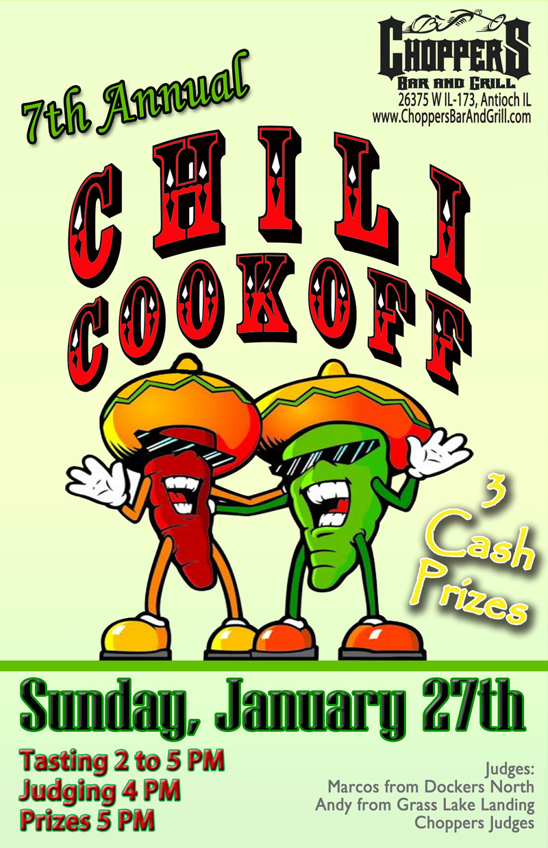 7th Annual Chili Cook-Off, Sunday, January 27th - 3 cash prizes, 2-5pm Tasting, 4pm Judging, 5pm Prizes