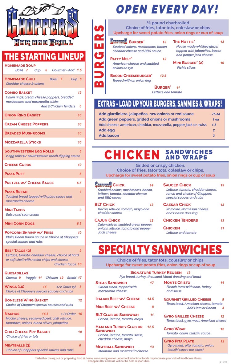 Choppers Bar and Grill Menu - Antioch, IL
