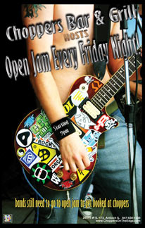 Open Jam is now Friday Nights at Choppers! We still have open dates for Saturdays for bands to book! If you are a band wanting to book a gig - you have to come play at Open Jam. Starts at 9pm.... 