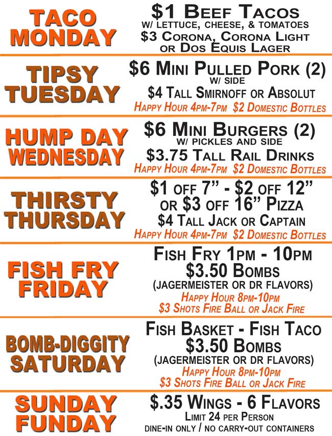 All Specials are Dine In Only - No Carry Out Containers. Taco Monday: $1 Beef Tacos w/ lettuce, cheese, & tomatoes, $3 Corona, Corona Light or Dos Equis Lager;
Tipsy Tuesday: $6 Mini Pulled Pork (2) with Side,  $4 Tall Smirnoff or Absolut, HAPPY HOUR 4pm – 7pm  $2 Domestic Beer;
Hump Day Wednesday: $6 Mini Burger (2) with Pickles and Side, $3.75 Tall Rail Drinks,  HAPPY HOUR 4pm – 7pm  $2 Domestic Beer;
Thirsty Thursday: $1 off 7 " Personal Pan Pizza, $2 off 12 " Pizza, $3 off 16 " Pizza, $4 Tall Jack or Captain, HAPPY HOUR 4pm – 7pm  $2 Domestic Beer;
Fish Fry Friday: Fish Fry 1pm - 10pm, $3.50 Bombs (Jagermeister or Dr flavors), HAPPY HOUR 8pm-10pm  $3 Shots Fire Ball or Jack Fire;
Bomb-Diggity Saturday: Fish Basket - Fish Taco. $3.50 Bombs  (Jagermeister or Dr flavors); HAPPY HOUR 8pm-10pm  $3 Shots Fire Ball or Jack Fire;
Sunday Funday: $.35 cent Wings every Sunday Funday at Choppers Bar and Grill. Limit 24 per person. Dine-In Only. No To-Go containers.