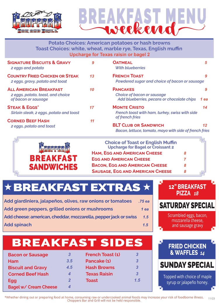 Choppers Bar and Grill Weekend Breakfast Menu - Antioch, IL