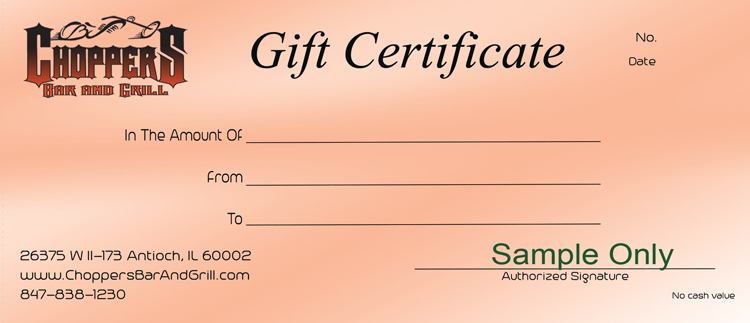 Christmas is Coming! Not sure what to buy for Christmas? Give Choppers Gift Certificates - they will love you! They can have a night out without cooking or they can pick out the perfect Choppers T-Shirt or Sweatshirt!