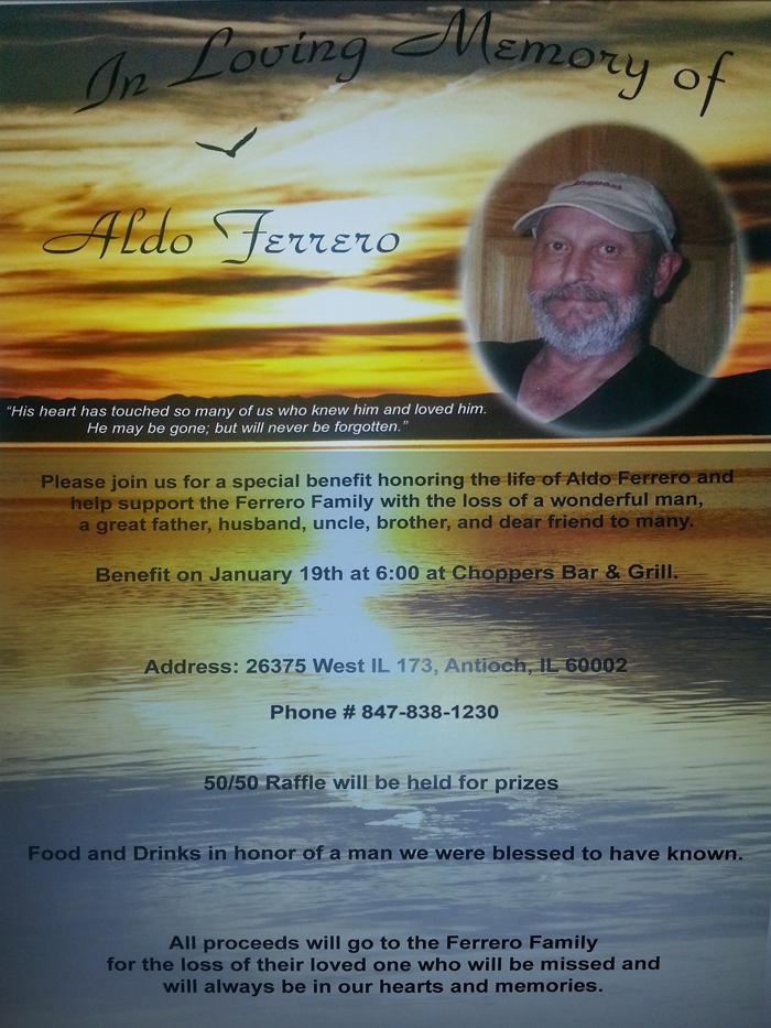 Benefit for Tammy Stone - November 10th - 2pm. Tammy was tragically killed and left behind her four beloved children Michael 22, Megan 19, Justin 17, and Jordan 14. Please help alleviate some of the financial burden by attending our benefit for her children. All Proceeds Will Be Donated From Our Silent Auctions & 50/50 Raffles.  If you would like to donate to the silent auction, please contact Choppers at 847-838-1230. Tammy was a friend and will always be in our hearts.