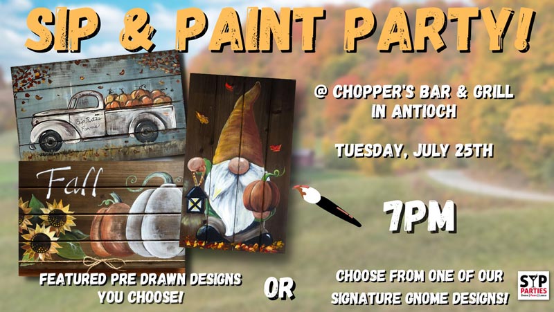 Join us for this fun Fall Pallet activity. SIP Parties is a unique twist on your typical SIP & Paint party experience! Enjoy a lively performance that brings humor and audience interaction to detailed art instruction.  Whether you’re looking to do a girls night out or enjoy a date night with the hubby, this is a perfect local activity.